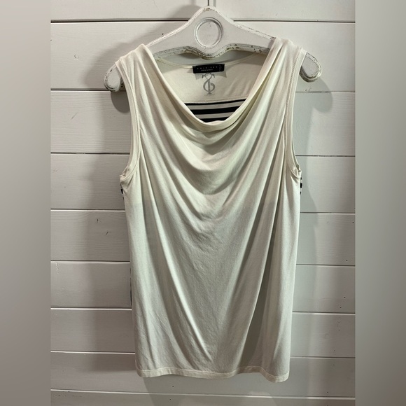 🤍TWIN-SET SIMONA BARBIERI – Ivory & Black Striped Drape-Front Top – Size L - Picture 6 of 10
